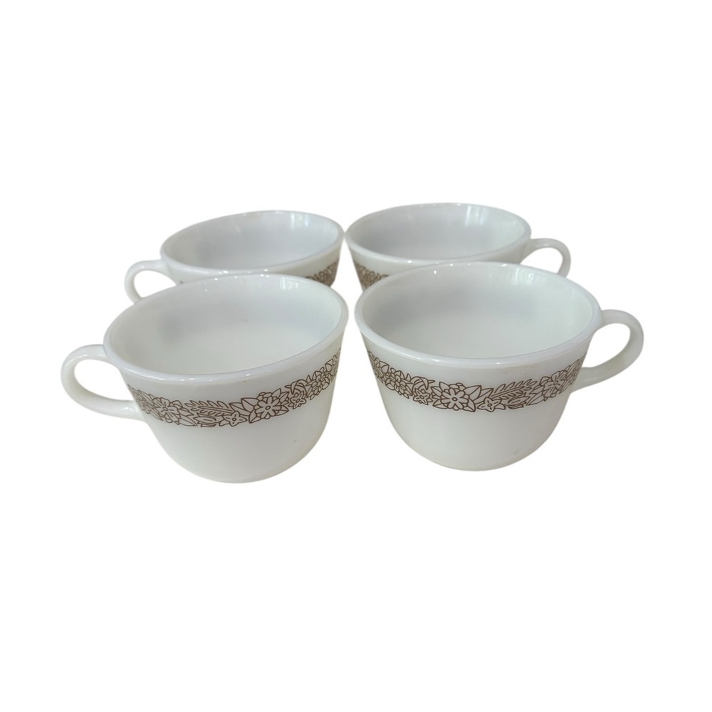 Pyrex Woodland Brown 4 Milk Glass Coffee Mugs 1978- 1983 Vintage Kitschy Collect